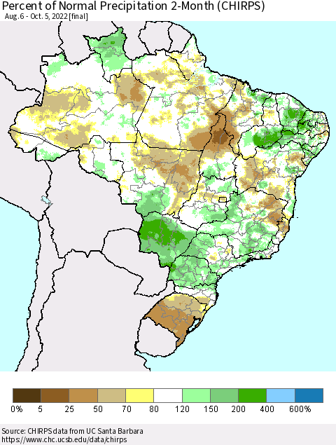 Brazil Percent of Normal Precipitation 2-Month (CHIRPS) Thematic Map For 8/6/2022 - 10/5/2022