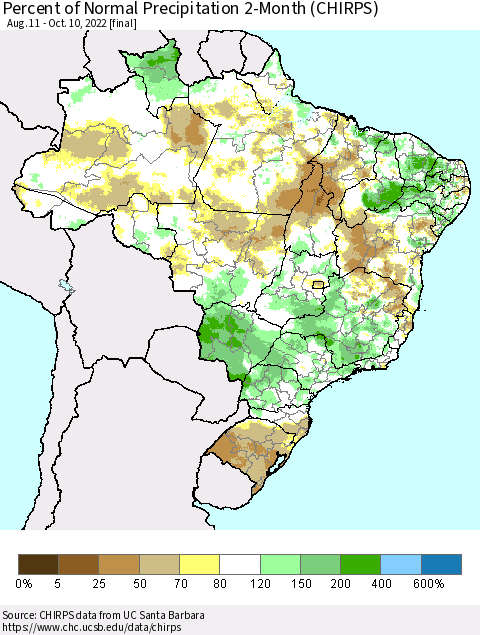 Brazil Percent of Normal Precipitation 2-Month (CHIRPS) Thematic Map For 8/11/2022 - 10/10/2022