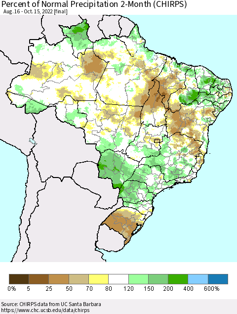 Brazil Percent of Normal Precipitation 2-Month (CHIRPS) Thematic Map For 8/16/2022 - 10/15/2022