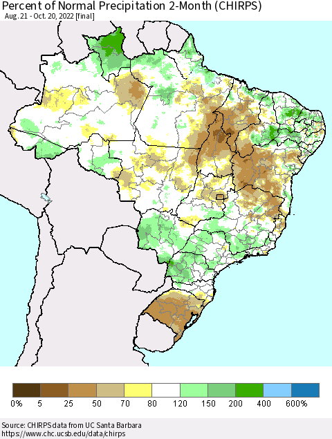 Brazil Percent of Normal Precipitation 2-Month (CHIRPS) Thematic Map For 8/21/2022 - 10/20/2022
