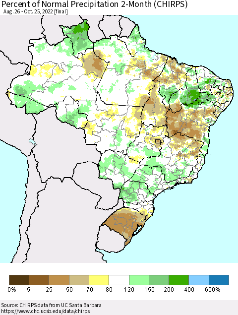 Brazil Percent of Normal Precipitation 2-Month (CHIRPS) Thematic Map For 8/26/2022 - 10/25/2022