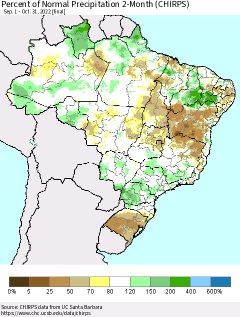 Brazil Percent of Normal Precipitation 2-Month (CHIRPS) Thematic Map For 9/1/2022 - 10/31/2022