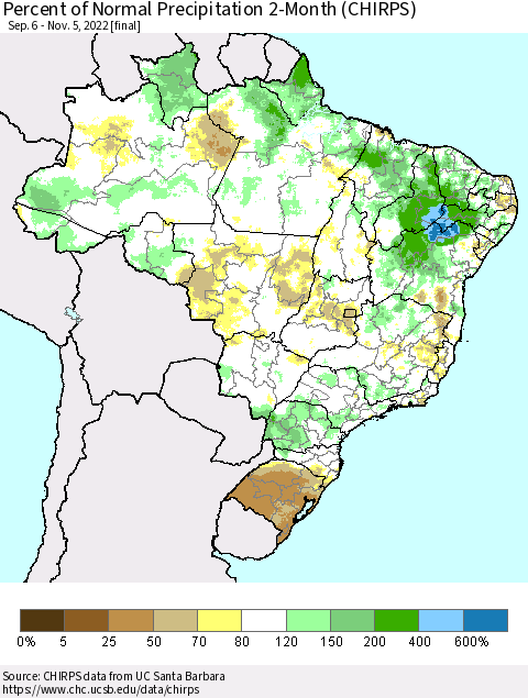 Brazil Percent of Normal Precipitation 2-Month (CHIRPS) Thematic Map For 9/6/2022 - 11/5/2022