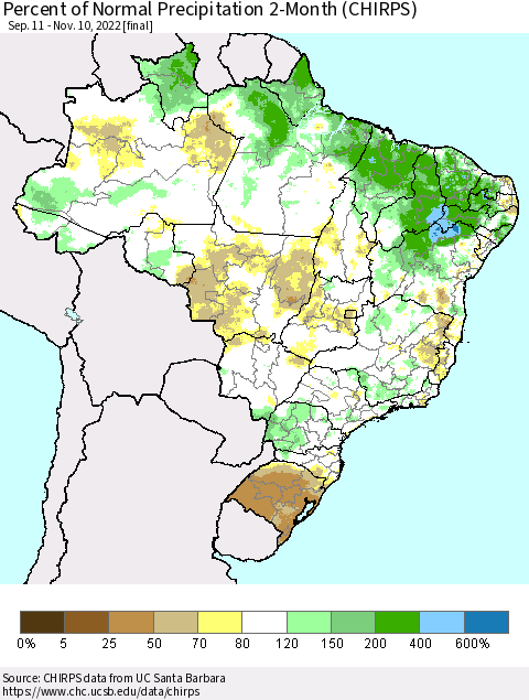 Brazil Percent of Normal Precipitation 2-Month (CHIRPS) Thematic Map For 9/11/2022 - 11/10/2022