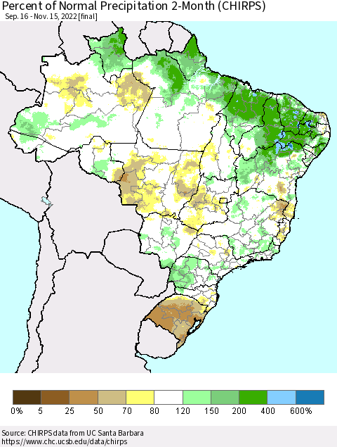 Brazil Percent of Normal Precipitation 2-Month (CHIRPS) Thematic Map For 9/16/2022 - 11/15/2022