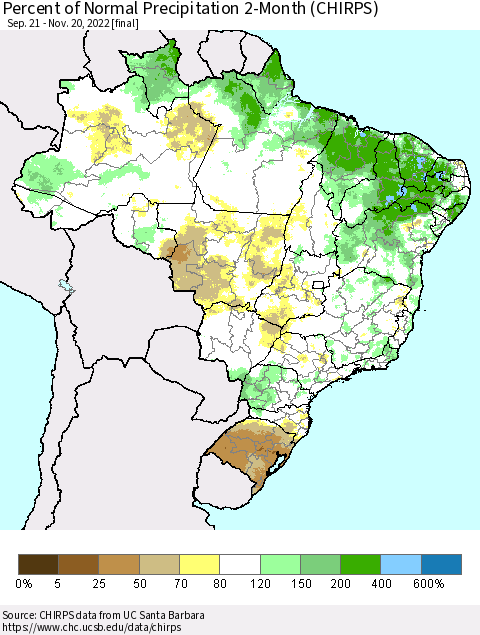 Brazil Percent of Normal Precipitation 2-Month (CHIRPS) Thematic Map For 9/21/2022 - 11/20/2022
