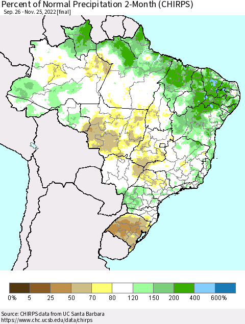 Brazil Percent of Normal Precipitation 2-Month (CHIRPS) Thematic Map For 9/26/2022 - 11/25/2022