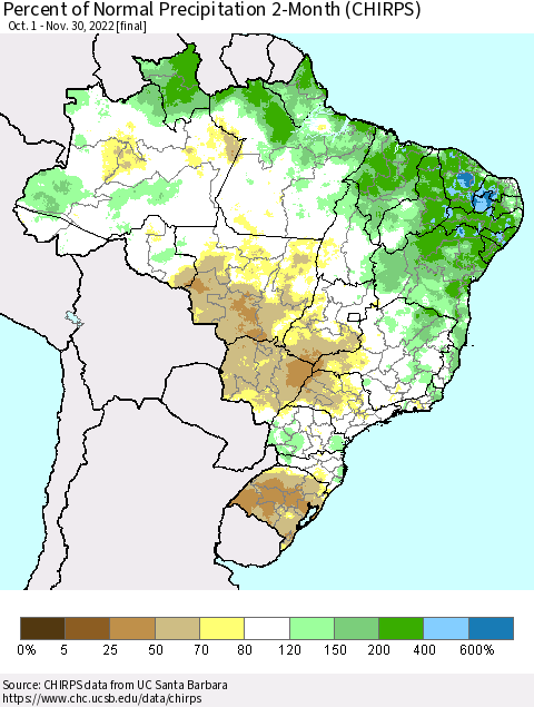Brazil Percent of Normal Precipitation 2-Month (CHIRPS) Thematic Map For 10/1/2022 - 11/30/2022
