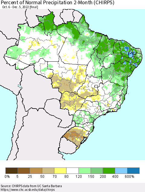 Brazil Percent of Normal Precipitation 2-Month (CHIRPS) Thematic Map For 10/6/2022 - 12/5/2022