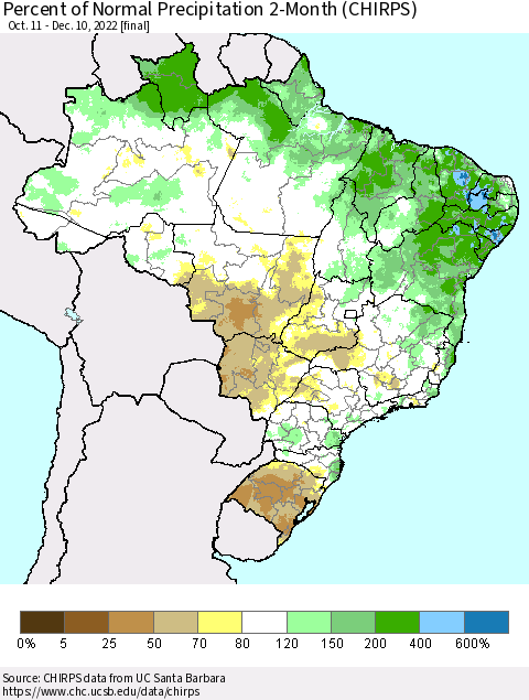 Brazil Percent of Normal Precipitation 2-Month (CHIRPS) Thematic Map For 10/11/2022 - 12/10/2022
