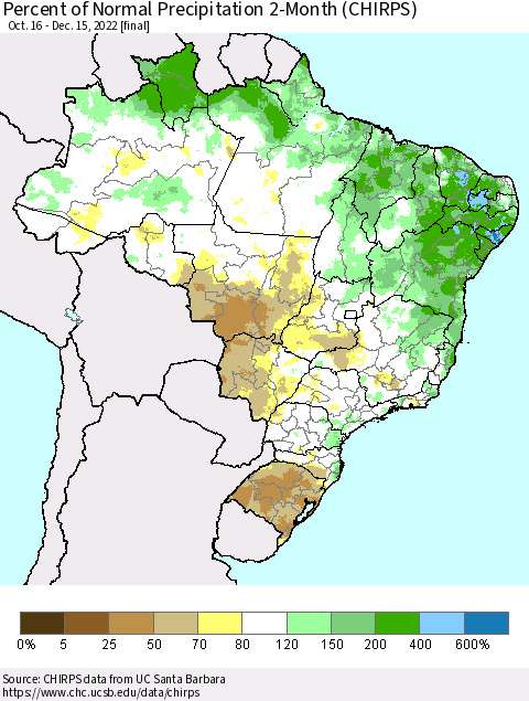 Brazil Percent of Normal Precipitation 2-Month (CHIRPS) Thematic Map For 10/16/2022 - 12/15/2022