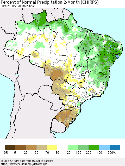 Brazil Percent of Normal Precipitation 2-Month (CHIRPS) Thematic Map For 10/21/2022 - 12/20/2022