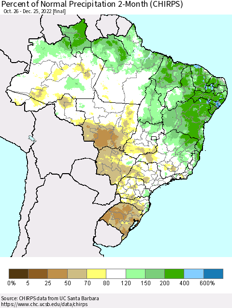 Brazil Percent of Normal Precipitation 2-Month (CHIRPS) Thematic Map For 10/26/2022 - 12/25/2022