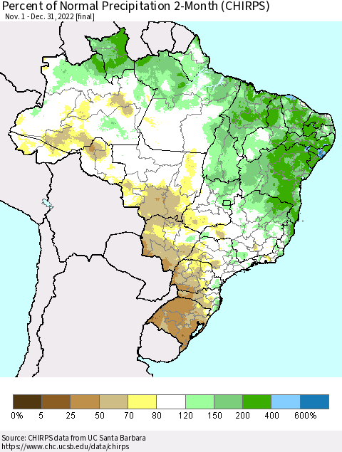 Brazil Percent of Normal Precipitation 2-Month (CHIRPS) Thematic Map For 11/1/2022 - 12/31/2022