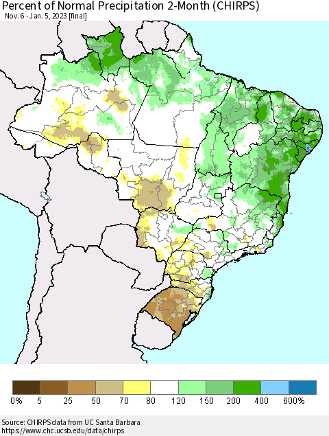 Brazil Percent of Normal Precipitation 2-Month (CHIRPS) Thematic Map For 11/6/2022 - 1/5/2023