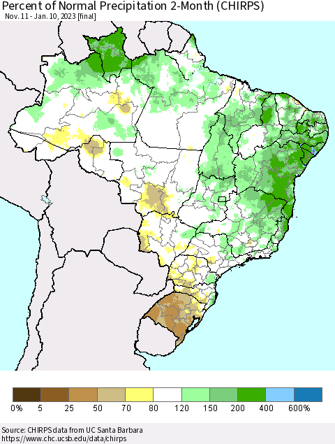 Brazil Percent of Normal Precipitation 2-Month (CHIRPS) Thematic Map For 11/11/2022 - 1/10/2023