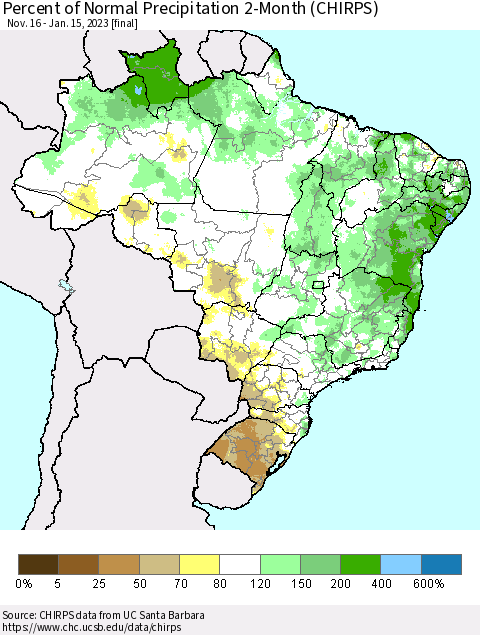 Brazil Percent of Normal Precipitation 2-Month (CHIRPS) Thematic Map For 11/16/2022 - 1/15/2023