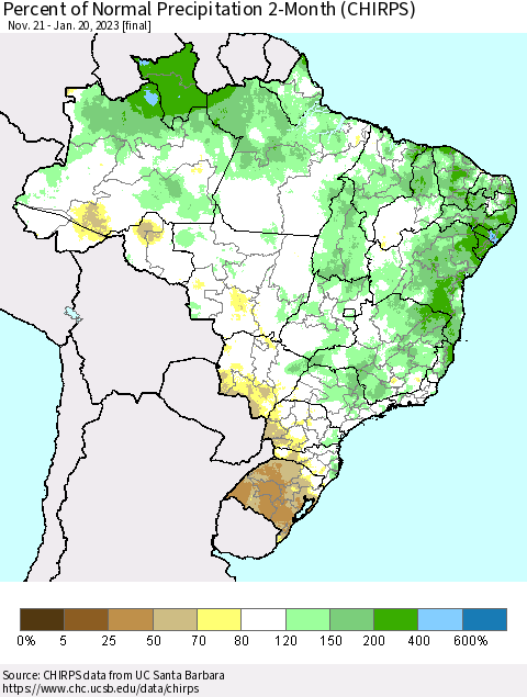 Brazil Percent of Normal Precipitation 2-Month (CHIRPS) Thematic Map For 11/21/2022 - 1/20/2023