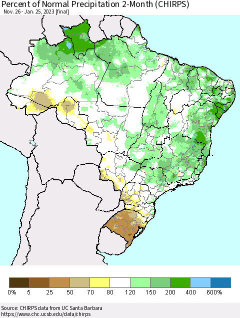 Brazil Percent of Normal Precipitation 2-Month (CHIRPS) Thematic Map For 11/26/2022 - 1/25/2023