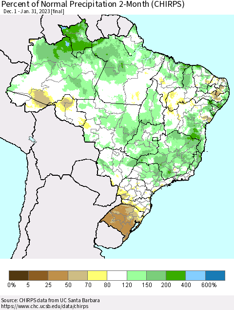 Brazil Percent of Normal Precipitation 2-Month (CHIRPS) Thematic Map For 12/1/2022 - 1/31/2023