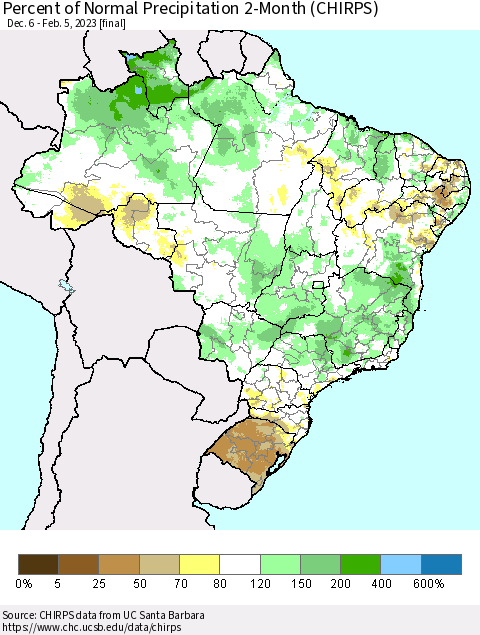 Brazil Percent of Normal Precipitation 2-Month (CHIRPS) Thematic Map For 12/6/2022 - 2/5/2023