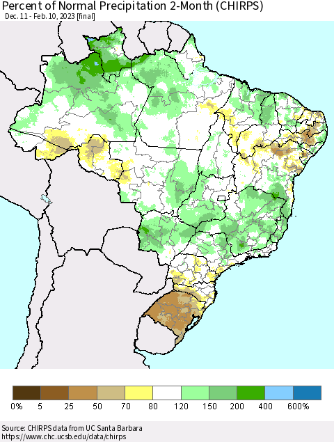 Brazil Percent of Normal Precipitation 2-Month (CHIRPS) Thematic Map For 12/11/2022 - 2/10/2023