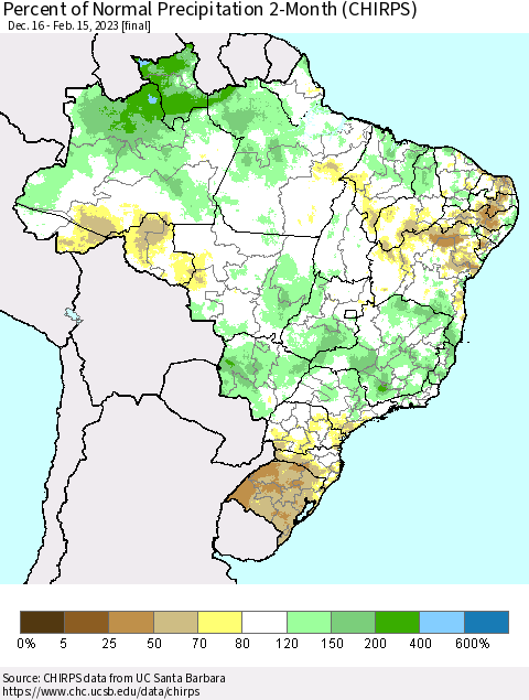 Brazil Percent of Normal Precipitation 2-Month (CHIRPS) Thematic Map For 12/16/2022 - 2/15/2023