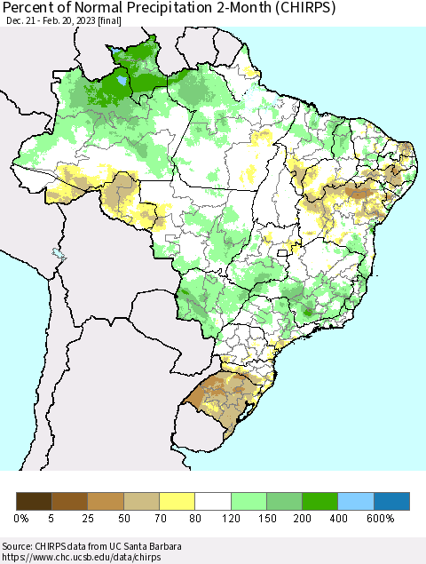 Brazil Percent of Normal Precipitation 2-Month (CHIRPS) Thematic Map For 12/21/2022 - 2/20/2023