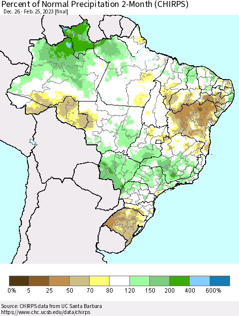 Brazil Percent of Normal Precipitation 2-Month (CHIRPS) Thematic Map For 12/26/2022 - 2/25/2023