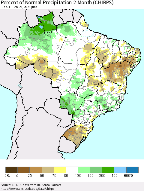 Brazil Percent of Normal Precipitation 2-Month (CHIRPS) Thematic Map For 1/1/2023 - 2/28/2023
