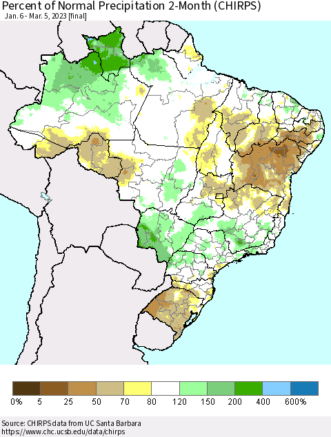 Brazil Percent of Normal Precipitation 2-Month (CHIRPS) Thematic Map For 1/6/2023 - 3/5/2023