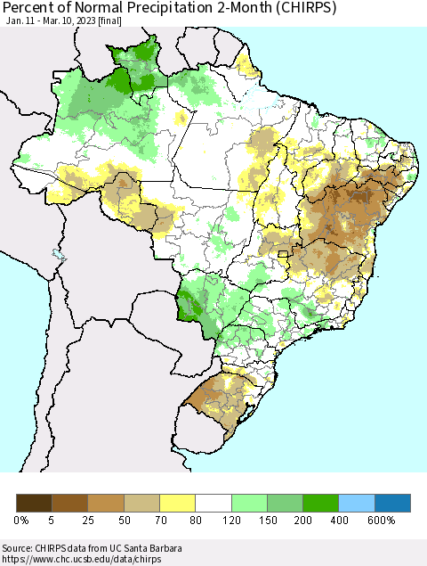 Brazil Percent of Normal Precipitation 2-Month (CHIRPS) Thematic Map For 1/11/2023 - 3/10/2023