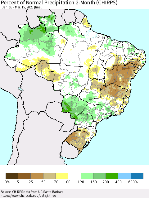 Brazil Percent of Normal Precipitation 2-Month (CHIRPS) Thematic Map For 1/16/2023 - 3/15/2023