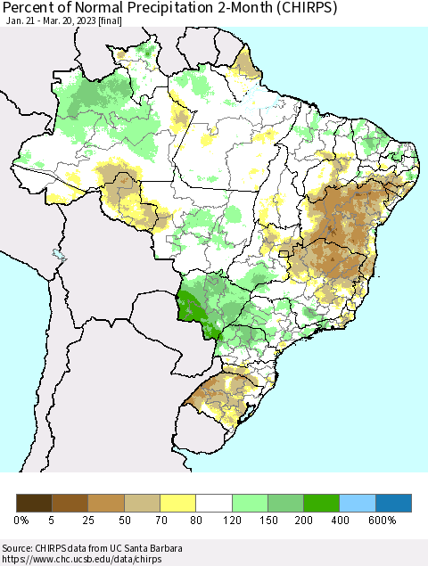 Brazil Percent of Normal Precipitation 2-Month (CHIRPS) Thematic Map For 1/21/2023 - 3/20/2023