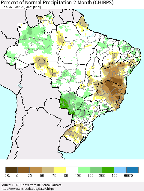 Brazil Percent of Normal Precipitation 2-Month (CHIRPS) Thematic Map For 1/26/2023 - 3/25/2023