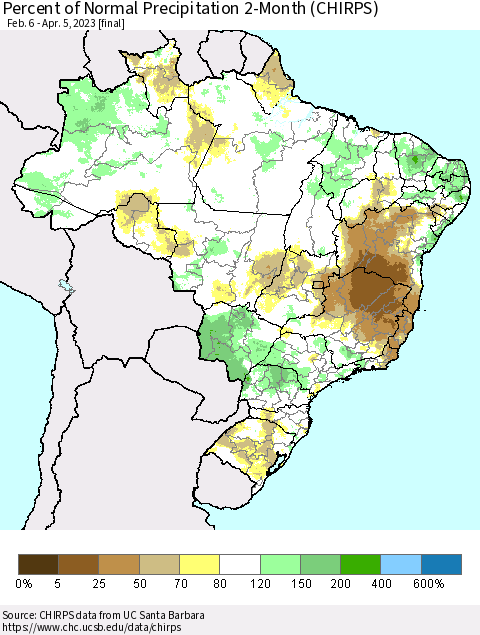 Brazil Percent of Normal Precipitation 2-Month (CHIRPS) Thematic Map For 2/6/2023 - 4/5/2023
