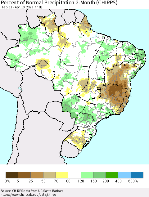 Brazil Percent of Normal Precipitation 2-Month (CHIRPS) Thematic Map For 2/11/2023 - 4/10/2023