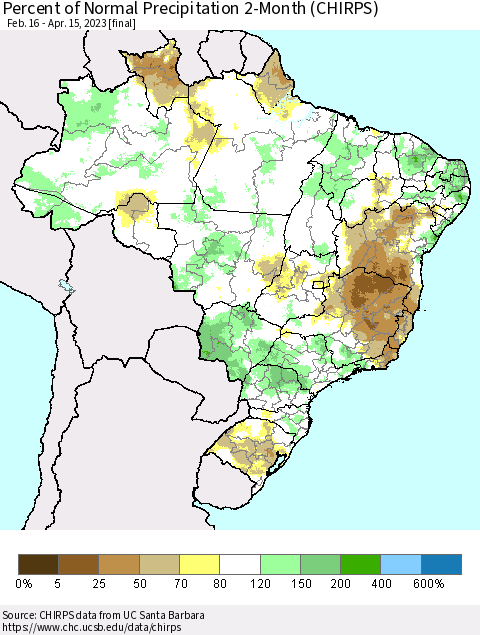 Brazil Percent of Normal Precipitation 2-Month (CHIRPS) Thematic Map For 2/16/2023 - 4/15/2023