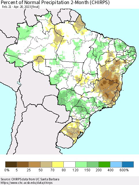 Brazil Percent of Normal Precipitation 2-Month (CHIRPS) Thematic Map For 2/21/2023 - 4/20/2023