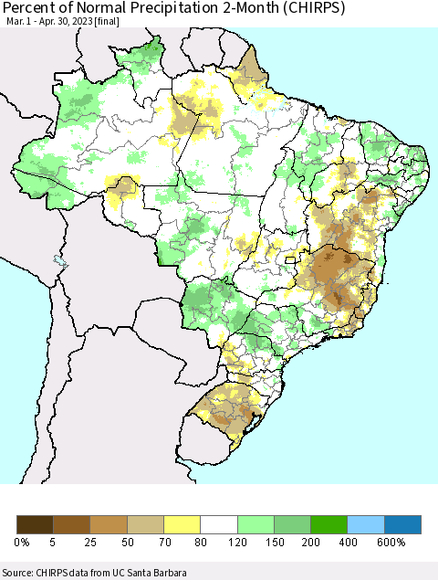 Brazil Percent of Normal Precipitation 2-Month (CHIRPS) Thematic Map For 3/1/2023 - 4/30/2023
