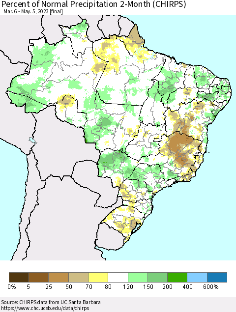 Brazil Percent of Normal Precipitation 2-Month (CHIRPS) Thematic Map For 3/6/2023 - 5/5/2023