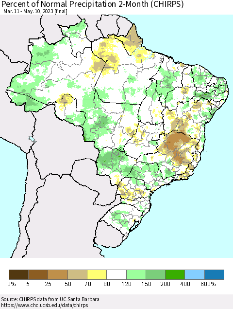 Brazil Percent of Normal Precipitation 2-Month (CHIRPS) Thematic Map For 3/11/2023 - 5/10/2023