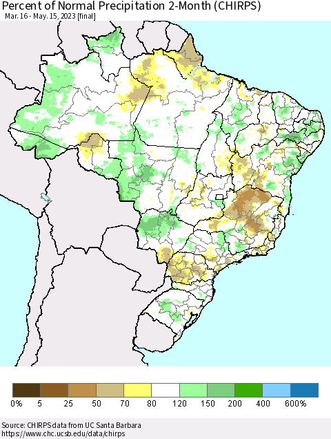 Brazil Percent of Normal Precipitation 2-Month (CHIRPS) Thematic Map For 3/16/2023 - 5/15/2023