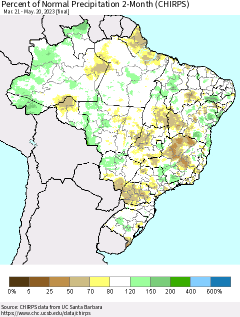 Brazil Percent of Normal Precipitation 2-Month (CHIRPS) Thematic Map For 3/21/2023 - 5/20/2023