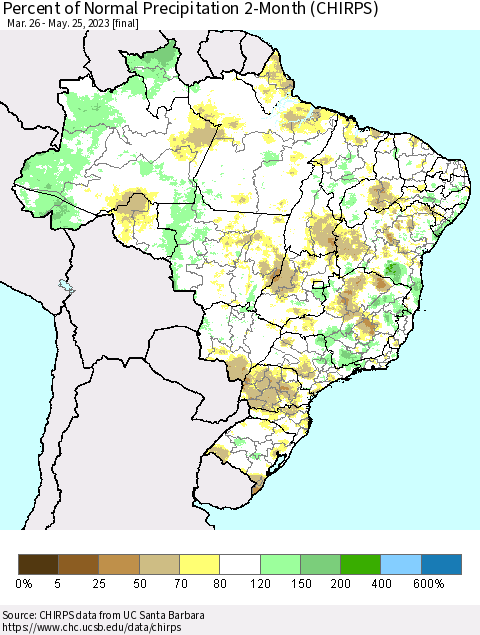 Brazil Percent of Normal Precipitation 2-Month (CHIRPS) Thematic Map For 3/26/2023 - 5/25/2023