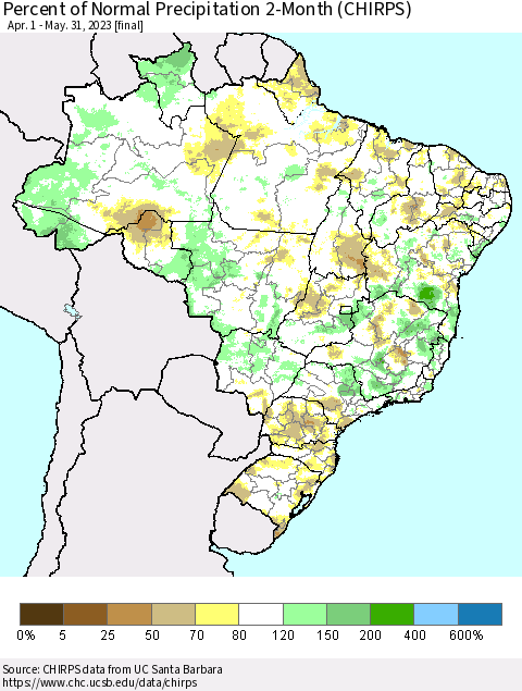Brazil Percent of Normal Precipitation 2-Month (CHIRPS) Thematic Map For 4/1/2023 - 5/31/2023