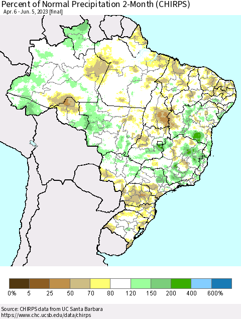 Brazil Percent of Normal Precipitation 2-Month (CHIRPS) Thematic Map For 4/6/2023 - 6/5/2023