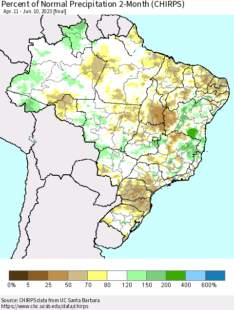 Brazil Percent of Normal Precipitation 2-Month (CHIRPS) Thematic Map For 4/11/2023 - 6/10/2023
