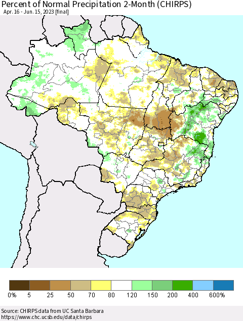 Brazil Percent of Normal Precipitation 2-Month (CHIRPS) Thematic Map For 4/16/2023 - 6/15/2023