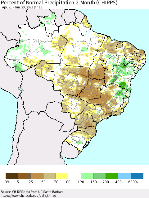 Brazil Percent of Normal Precipitation 2-Month (CHIRPS) Thematic Map For 4/21/2023 - 6/20/2023